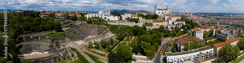 Aerial view of Ancient Theatre of Fourvière, and The Odeon of Lyon. France. it was an ancient Roman theatre inscribed on the UNESCO. In the background on a hill the Basilica of Notre-Dame de Fourvière