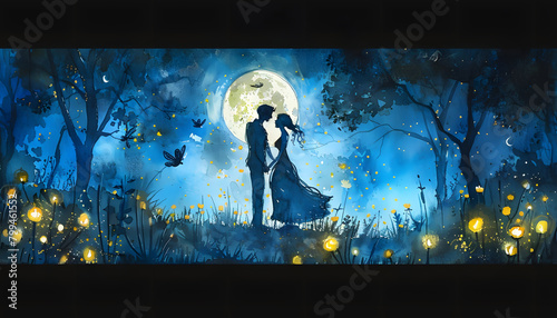 Dreamy watercolor scene of a couple dancing under the moonlight in a field of glowing firefliesar74v Generative AI