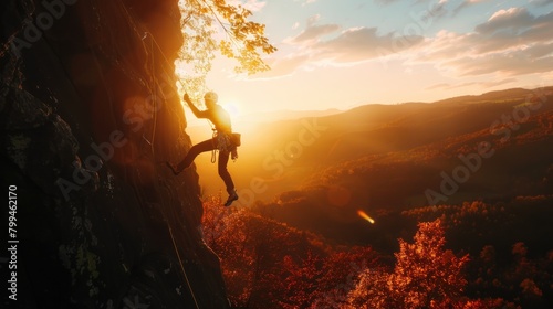 Free photo of silhouette of brave heroic man trying to climb with rope in mountain valley at sunset