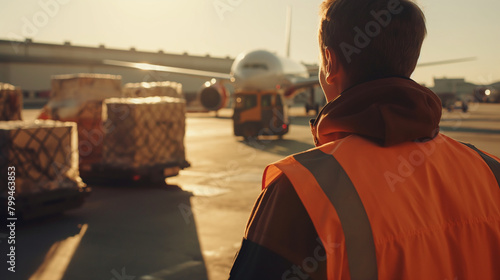 Close-up of a cargo airport worker carefully inspecting cargo containers before loading them onto a waiting cargo plane, the attention to detail ensuring the safe and efficient tra