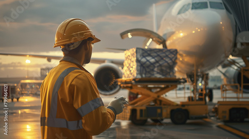 Close-up of a cargo airport worker checking the weight and balance of cargo before loading it onto a waiting plane, the meticulous calculations ensuring the safety and stability of