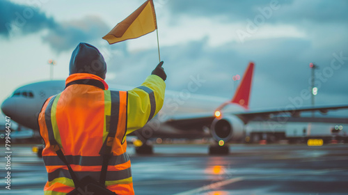 Close-up of a cargo airport worker waving signal flags to guide a cargo plane to its parking position on the tarmac, the precise ground handling ensuring safe and efficient logisti