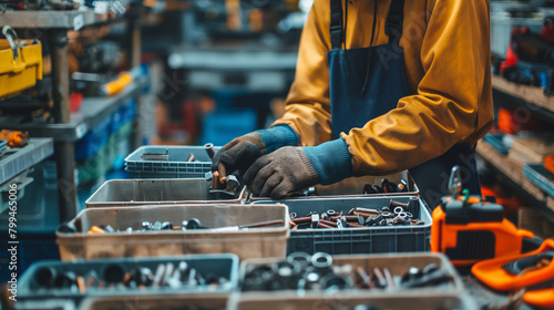 Close-up of a cargo warehouse worker organizing spare parts and accessories into bins for distribution to automotive repair shops, the systematic arrangement facilitating quick and