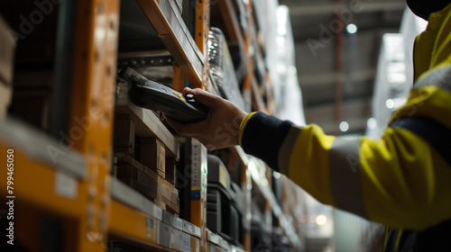 Close-up of a cargo warehouse worker using a handheld scanner to update inventory records as automotive components are loaded onto a delivery truck, the real-time data management s