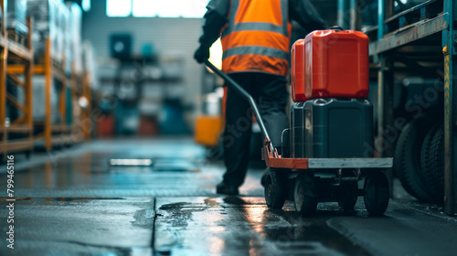 Close-up of a cargo warehouse worker using a hand truck to transport crates of automotive fluids to the loading dock, the manual handling demonstrating the agility and adaptability