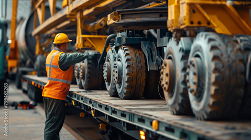 Close-up of a cargo warehouse worker using a crane to lift heavy automotive chassis onto a flatbed trailer for delivery to manufacturing plants, the heavy-duty equipment facilitati