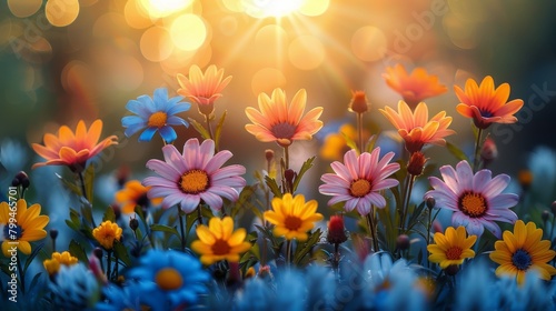 Vivid cosmos flowers in shades of orange and pink dance under the sunlight with a whimsical bokeh backdrop..