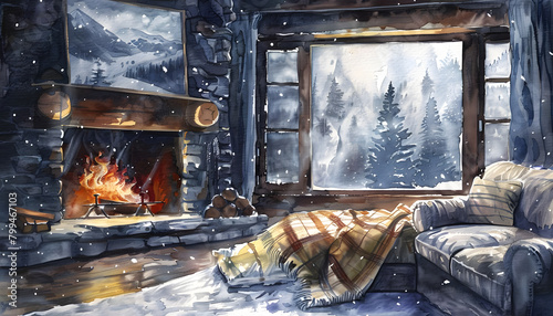 Cozy watercolor scene of a couple sharing a quiet moment by a crackling fireplace in a snowy mountai Generative AI