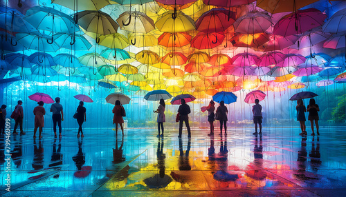 Wide-angle rainy street view with hinged multicolored umbrellas protecting passersby from the raindrops. Beautiful art installation.