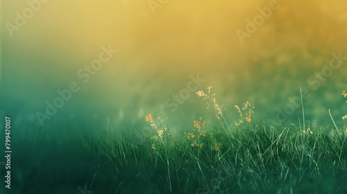 Serene and misty meadow at sunrise, with the first light casting a warm glow on wildflowers and dewy grass, creating a tranquil and picturesque scene in nature
