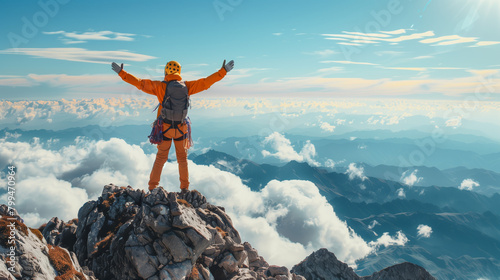 A person standing atop a mountain, arms outstretched in triumph as they bask in the accomplishment of conquering a challenging climb and reaching new heights both literally and metaphorically.