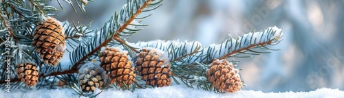 Snow-covered pine branches with cones on a snowy day
