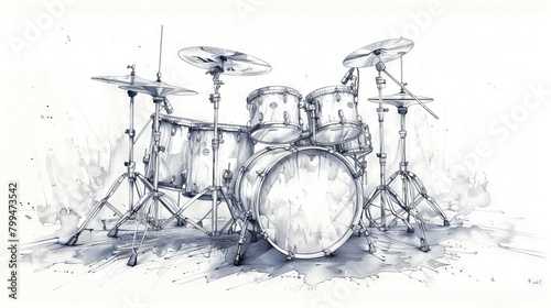 This is a concept drawing of a drum band set. Percussion music instruments are arranged in a line drawing design for a trend-setting graphic modern illustration.