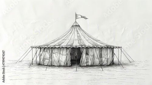 One-line drawing of a circus tent with stripes and a flag at the top. Clowns, magicians, animals perform inside. Graphic modern illustration in continuous line style.