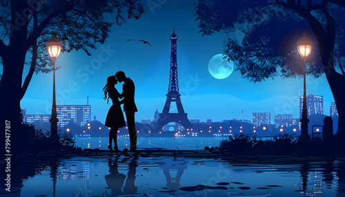 Clipart of a couple sharing a kiss under the Eiffel Tower at nightar74v60 Generative AI