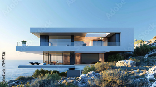A Modern Haven by the Seashore: A Rendering of a Sleek, Contemporary House Overlooking Tranquil Waters and Azure Skies