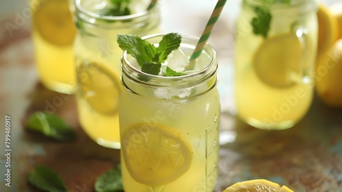 Lemonade. Mason jar glasses of lemonade with mint
