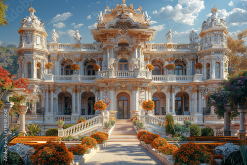 A magnificent palace adorned with intricate architectural details and ornate decorations, exuding regal splendor. Concept of architectural marvel. Generative Ai.
