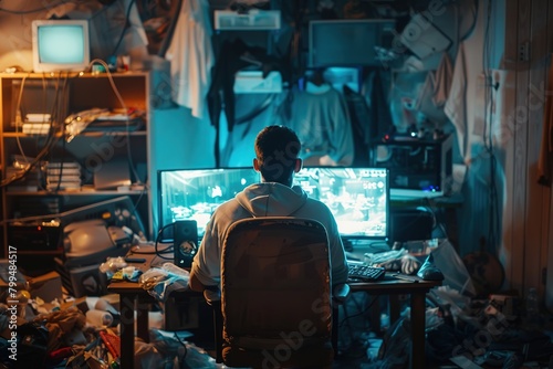 Video game addiction. Back view of man sitting in front of computer with trash and mess in the room, playing video games online
