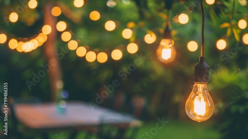 outdoor party lights hanging on backyard strings with bokeh table and chairs background