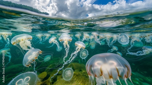 Surreal Underwater Seascape with Majestic Jellyfish Swarm