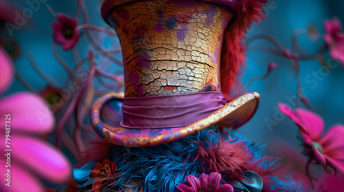 Close-up of a cracked colourful vintage top hat amidst whimsical flowers. Mad hatter vibe background