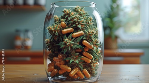 A glass jar filled with pills and marijuana plants on a table, AI