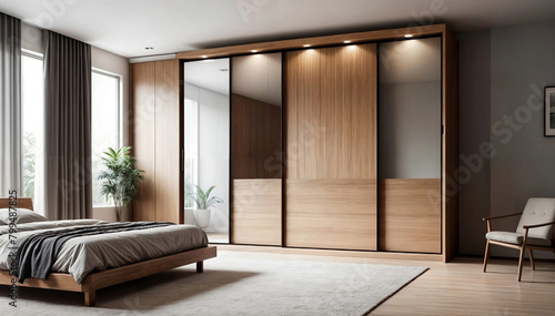 Wooden wardrobe with glass sliding doors in minimalist style interior design of modern bedroom created with generative ai