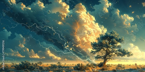 majestic tree stands tall in the center of a vast field, surrounded by the chaos of a thunderstorm. Lightning strikes in the distance, illuminating the scene.