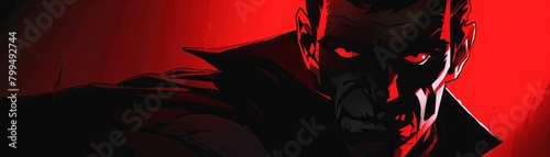 Villainous figure in a dark lair, scheming, shadowy lighting, close shot, intense red accents