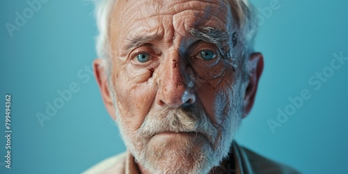 sad old man with a beaten face and a black eye on blue background.