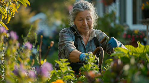 An elderly retired woman enthusiastically cares for plants and flowers in her own garden. She plants plants and enjoys her work while her garden flourishes.