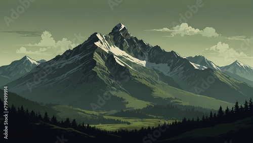 Sublime Dark Mountain Art on Light Green Canvas - Minimalist Landscape Illustration