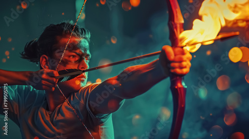 intense archer in action with a flaming arrow and dynamic lighting, to fire on the olympic games torch
