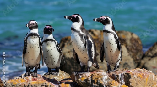 A quintet of penguins congregates on seaside rocks with the crashing waves of the ocean behind them