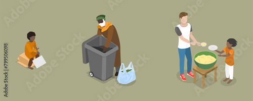 3D Isometric Flat Vector Illustration of Food Crisis, Support of People in Need