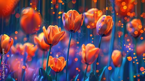 Cyberfloral Matrix' around a surreal digital tulip field, blending digital matrix aesthetics with vibrant floral patterns, in tulip orange and code blue