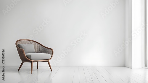  Modern minimalist interior with an armchair on empty white color wall background. 