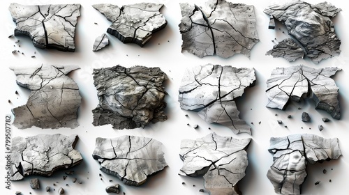 This collection of crack elements modern on white background depicts black damage cracks, breaks in the soil surface, abstract art illustration for decorative, print, wall art, screen, screen and