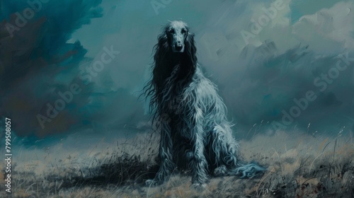 An enigmatic image of a long-haired dog with a ghostly presence, enveloped in a billowing blue fog