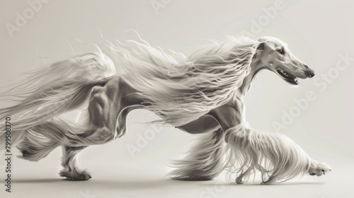 The artistic depiction of a greyhound in motion, with its fur and sash dramatically flowing, set against a soft greyscale background