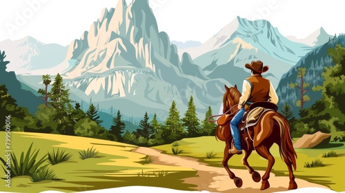 Cowboy Riding Horse in Scenic Mountain Landscape