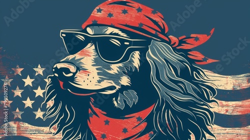 A hipster-inspired artwork of a dog flaunting an American flag themed bandana and cool shades with stars in the background