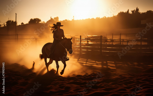 A female horseback rider at full gallop wearing a cowboy hat, the dust from the prairie creates a dramatic silhouette against the sunset sky.