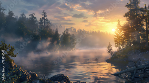 view of the river in the morning, tall pine trees growing around the river, morning dew covering the entire river area, beautiful sunlight in the corner of the picture.