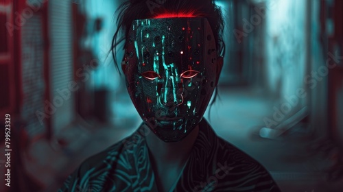Oni green mask sign pose cyberpunk anime boy head design
