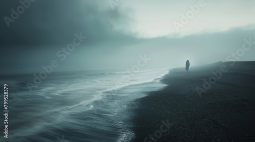 On a misty beach at dusk a lone ghostly figure stands at the edge of the water staring out at the endless horizon. As the waves crash . .