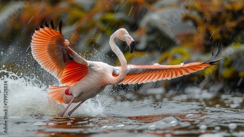 A majestic flamingo spreading its wings wide as it takes flight over a vast salt marsh