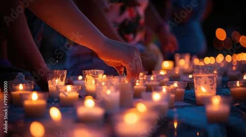 Person grief lighting candles at vigil america shooting disaster memorial service remembrance sad memory tragedy annual