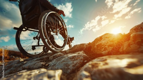 Person in wheelchair overcoming obstacles and difficulty. Handicap disability concept